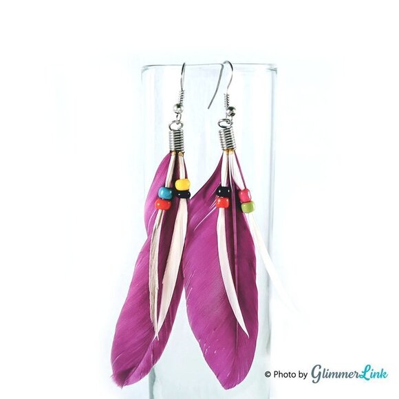 NWOT Purple Beaded Feather Earrings - Picture 1 of 4